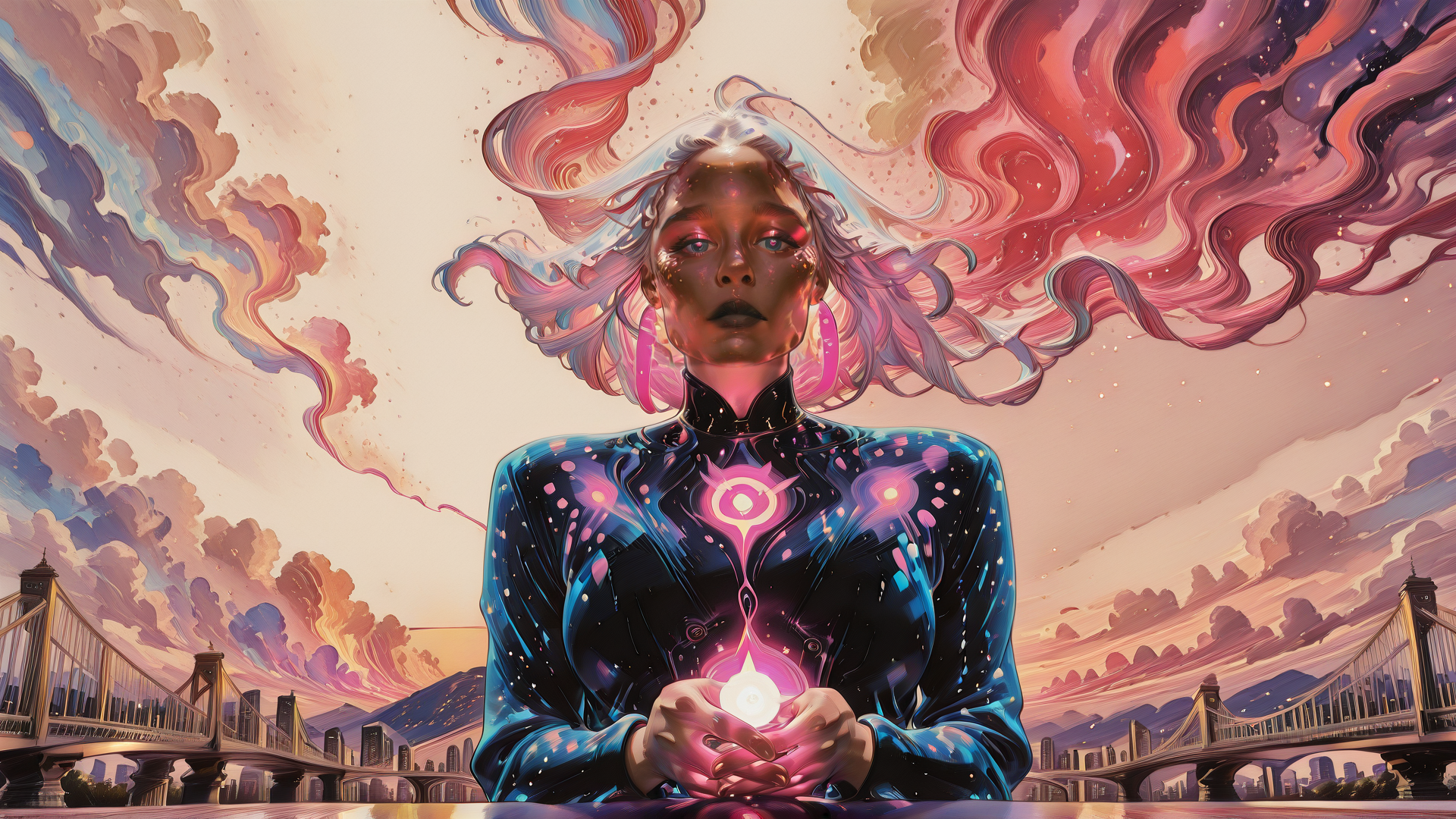 AI generated wallpaper featuring woman, energy, city, bridge, cloud