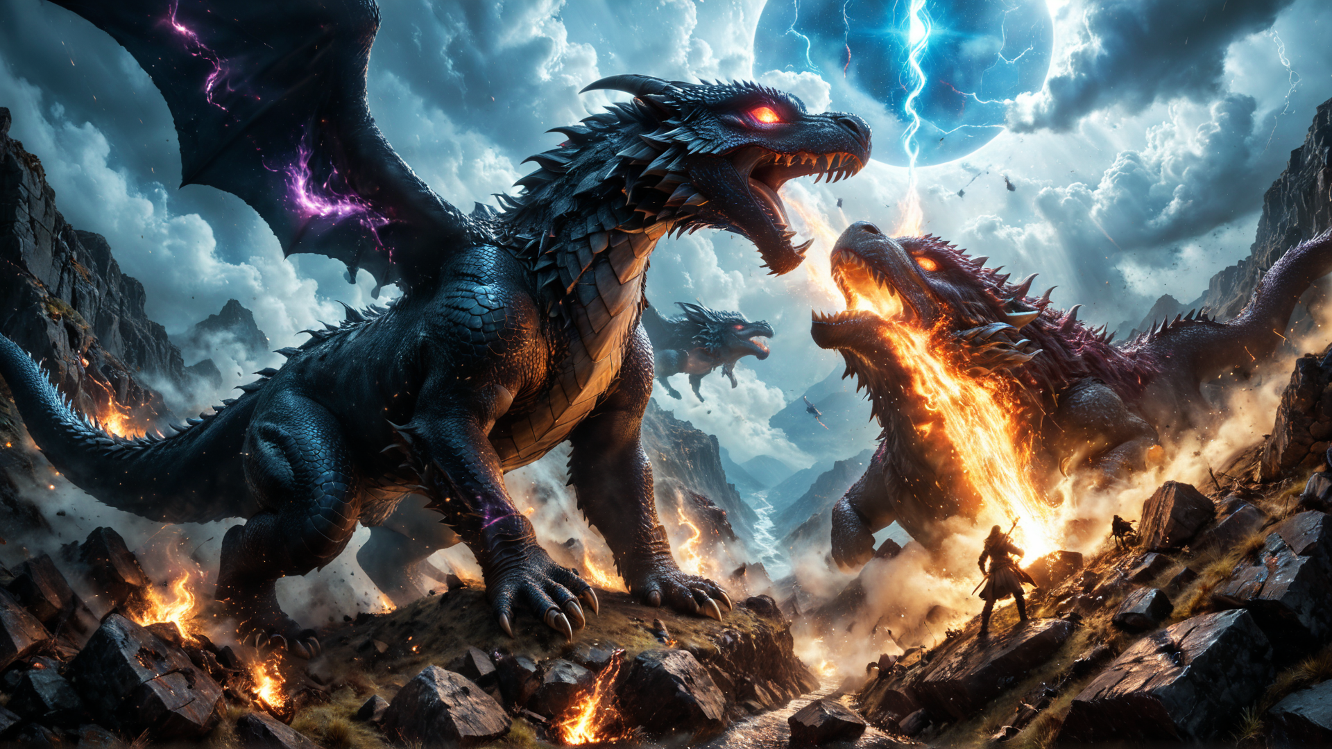 AI generated wallpaper featuring dragons, warrior