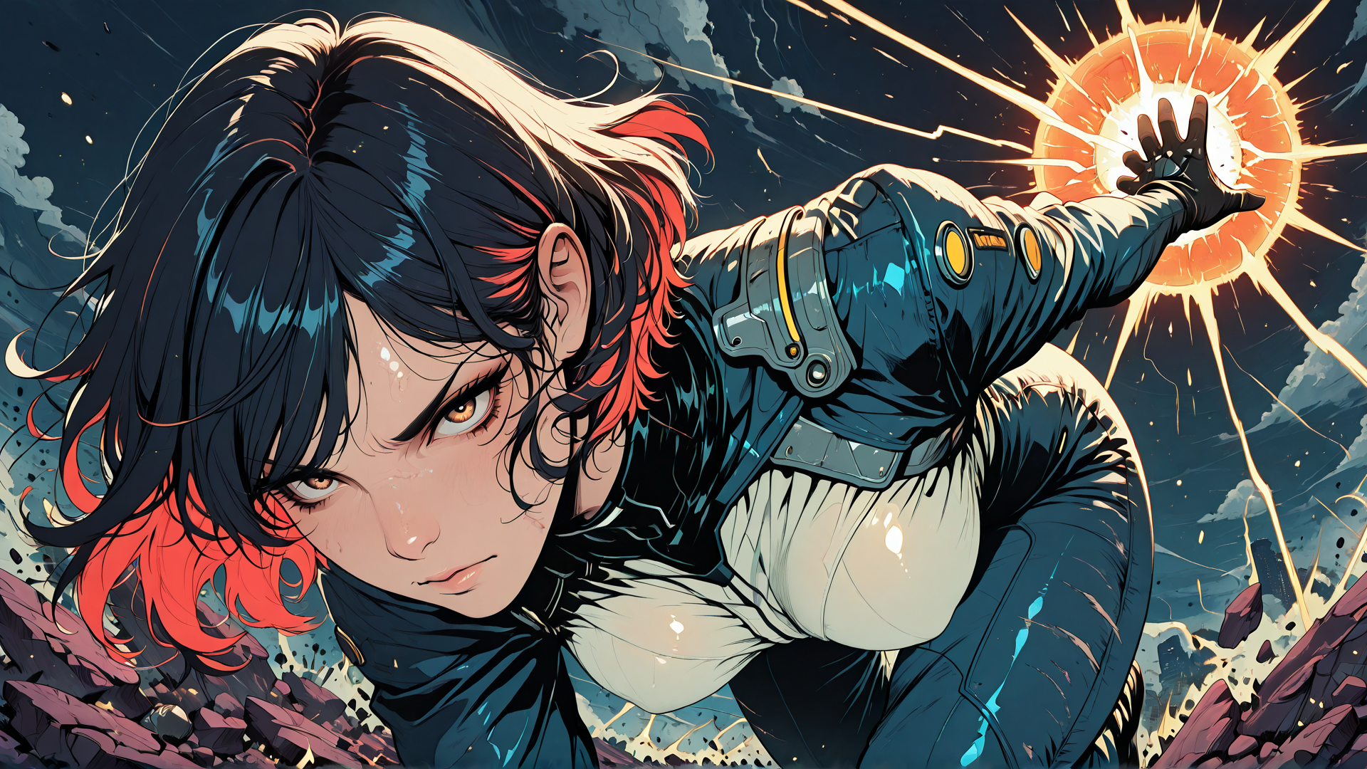 AI generated wallpaper featuring woman, fighter, solar, energy
