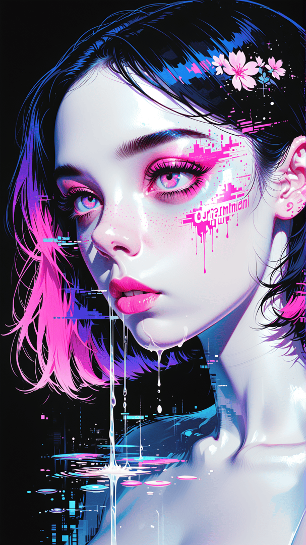 AI generated wallpaper featuring woman, digital art, glowing, liquid, flowers, cityscape