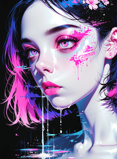 woman, digital art, glowing, liquid, flowers, cityscape