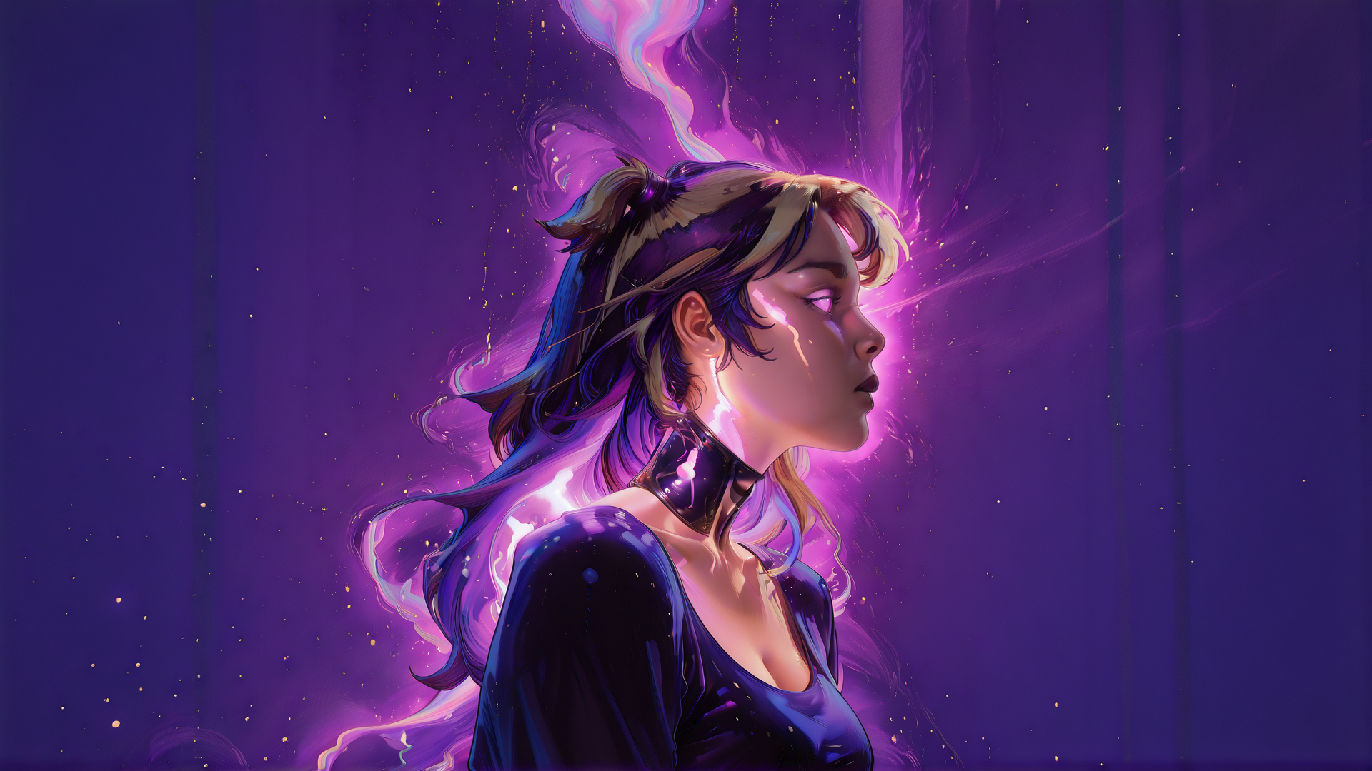 AI generated wallpaper featuring woman, neon, smoke, hair, choker, glow, digital, art, surreal, silhouette