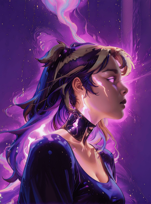 woman, neon, smoke, hair, choker, glow, digital, art, surreal, silhouette