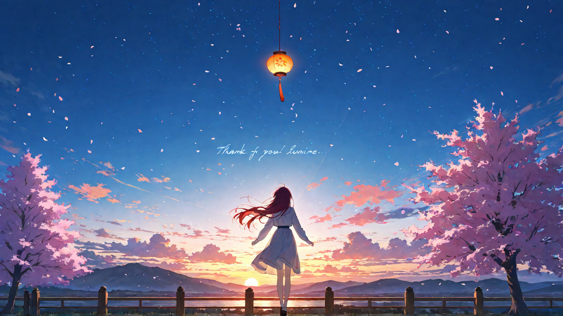 AI generated wallpaper featuring girl, cherry blossoms, lantern