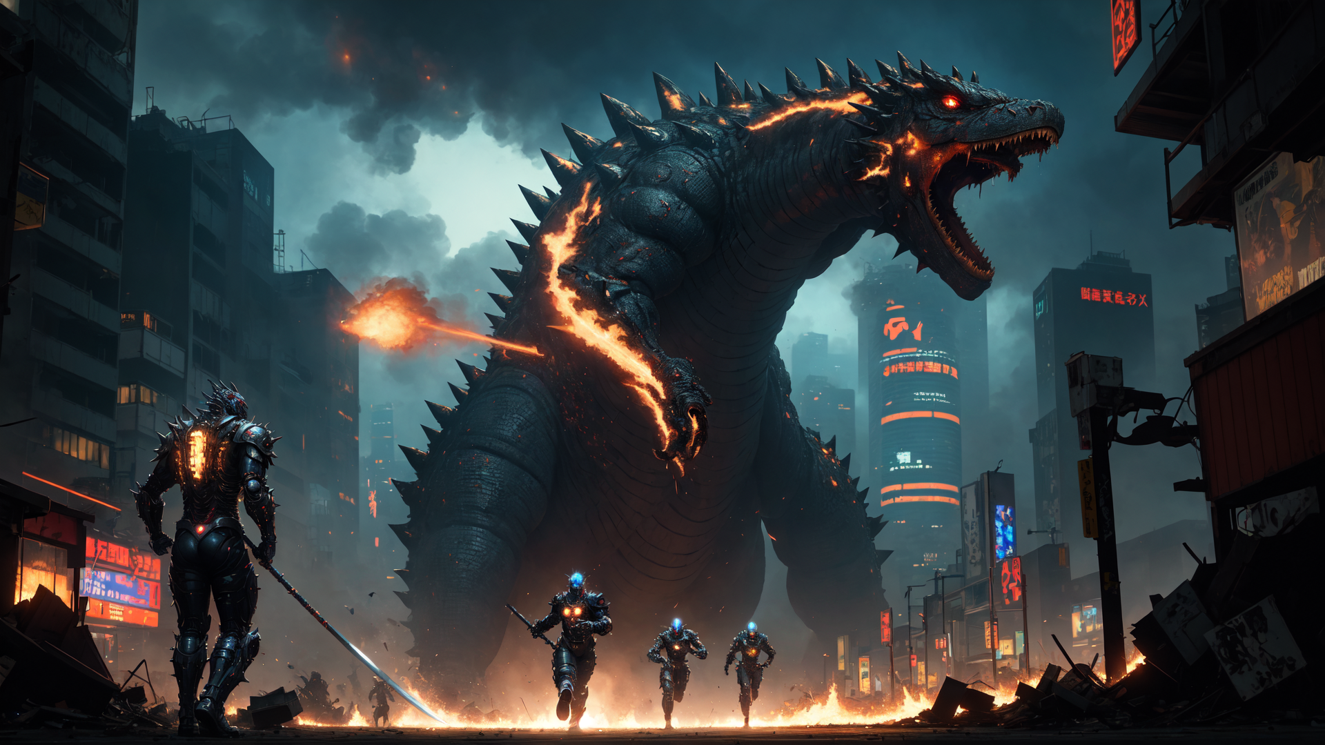 AI generated wallpaper featuring godzilla, robots, city, skyscraper, fire, spikes, sword, smoke, neon, debris