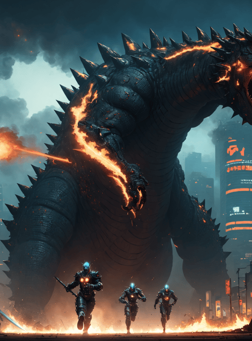 godzilla, robots, city, skyscraper, fire, spikes, sword, smoke, neon, debris