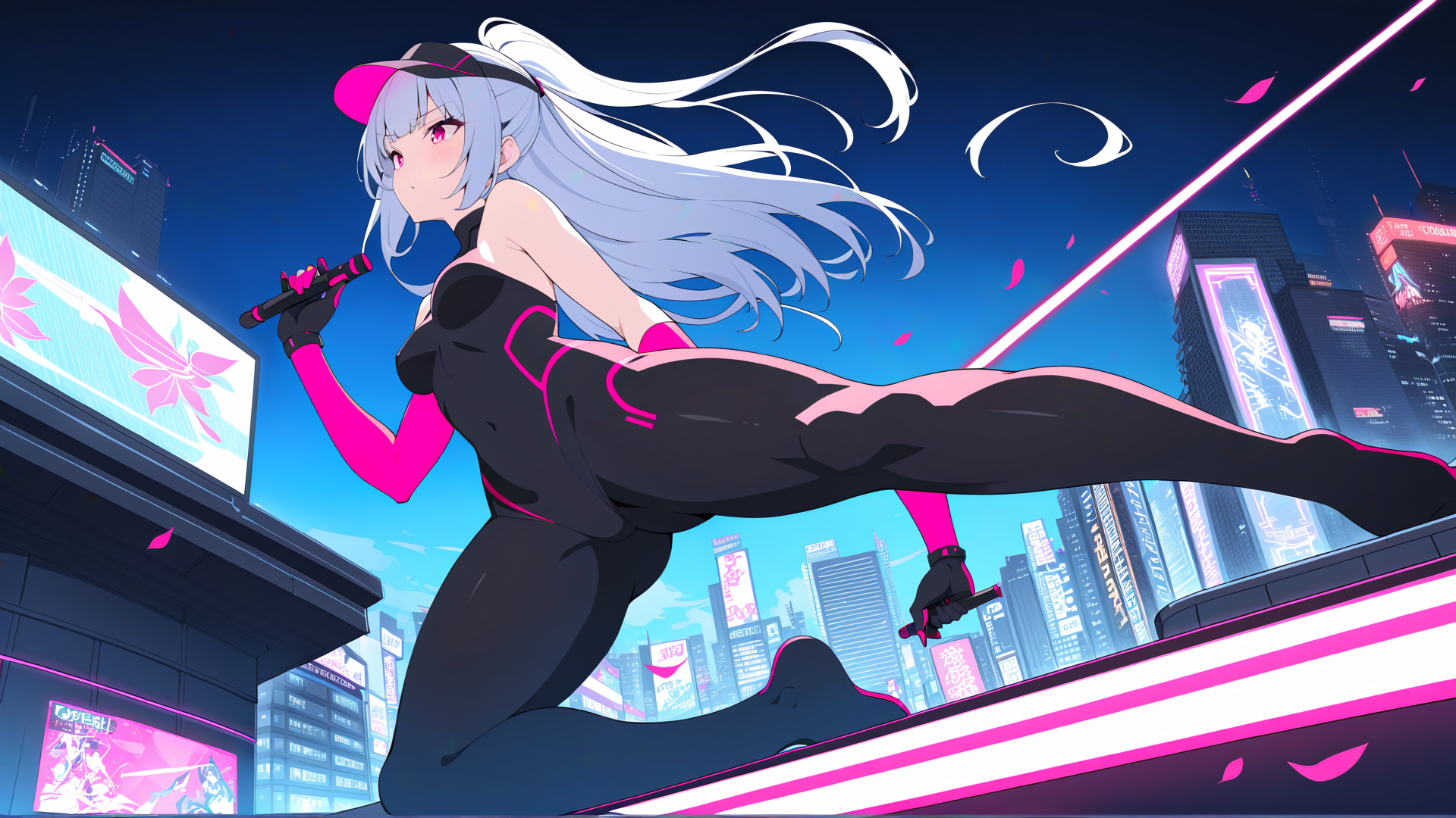 AI generated wallpaper featuring anime girl, mic, cityscape
