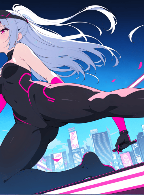 anime girl, mic, cityscape