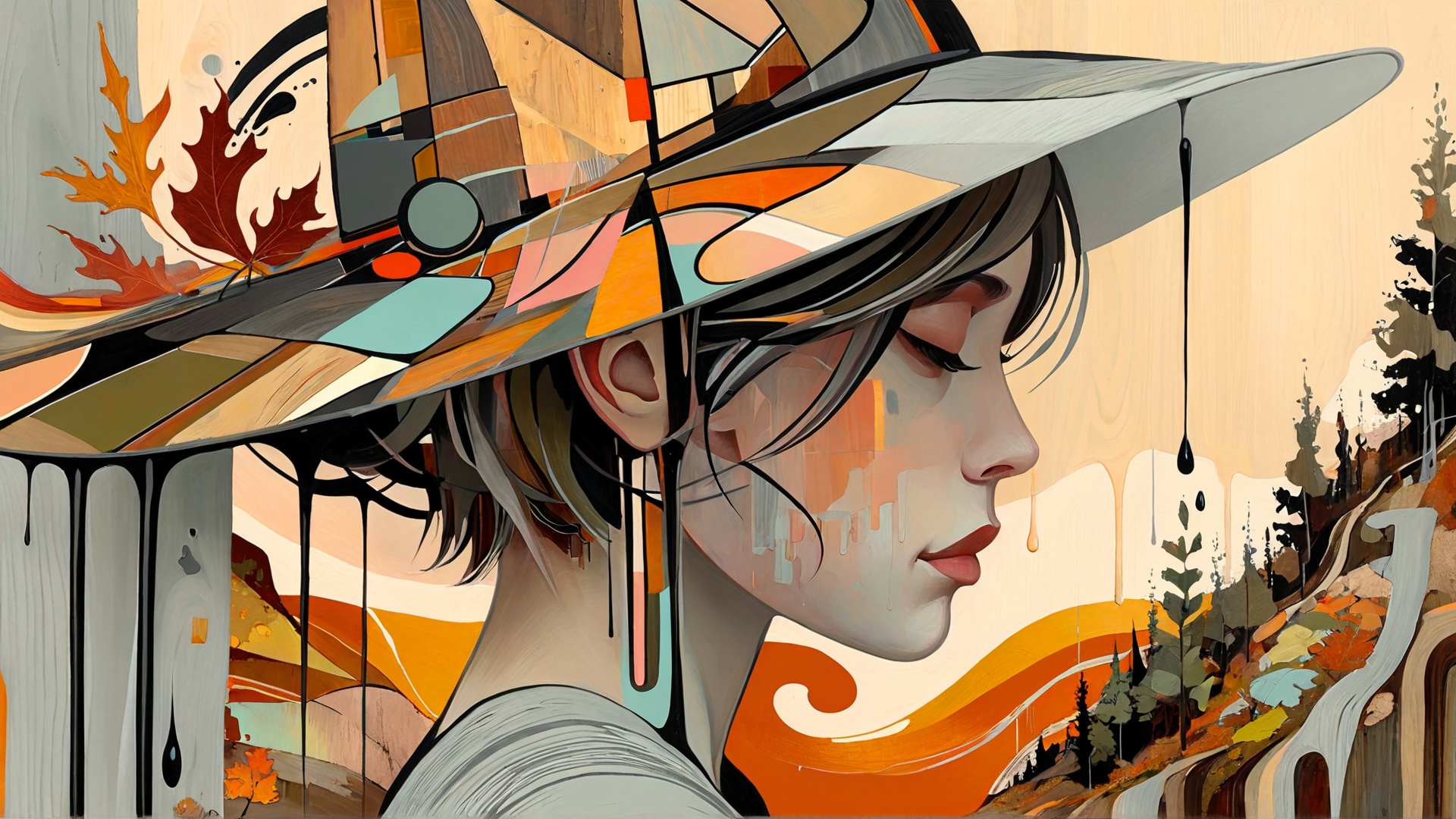 AI generated wallpaper featuring woman, hat, leaves, drips, trees, mountains