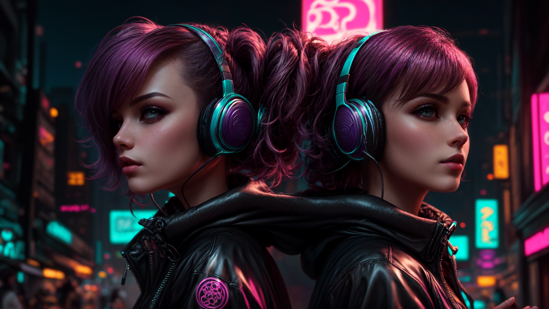 AI generated wallpaper featuring girl, headphones, city