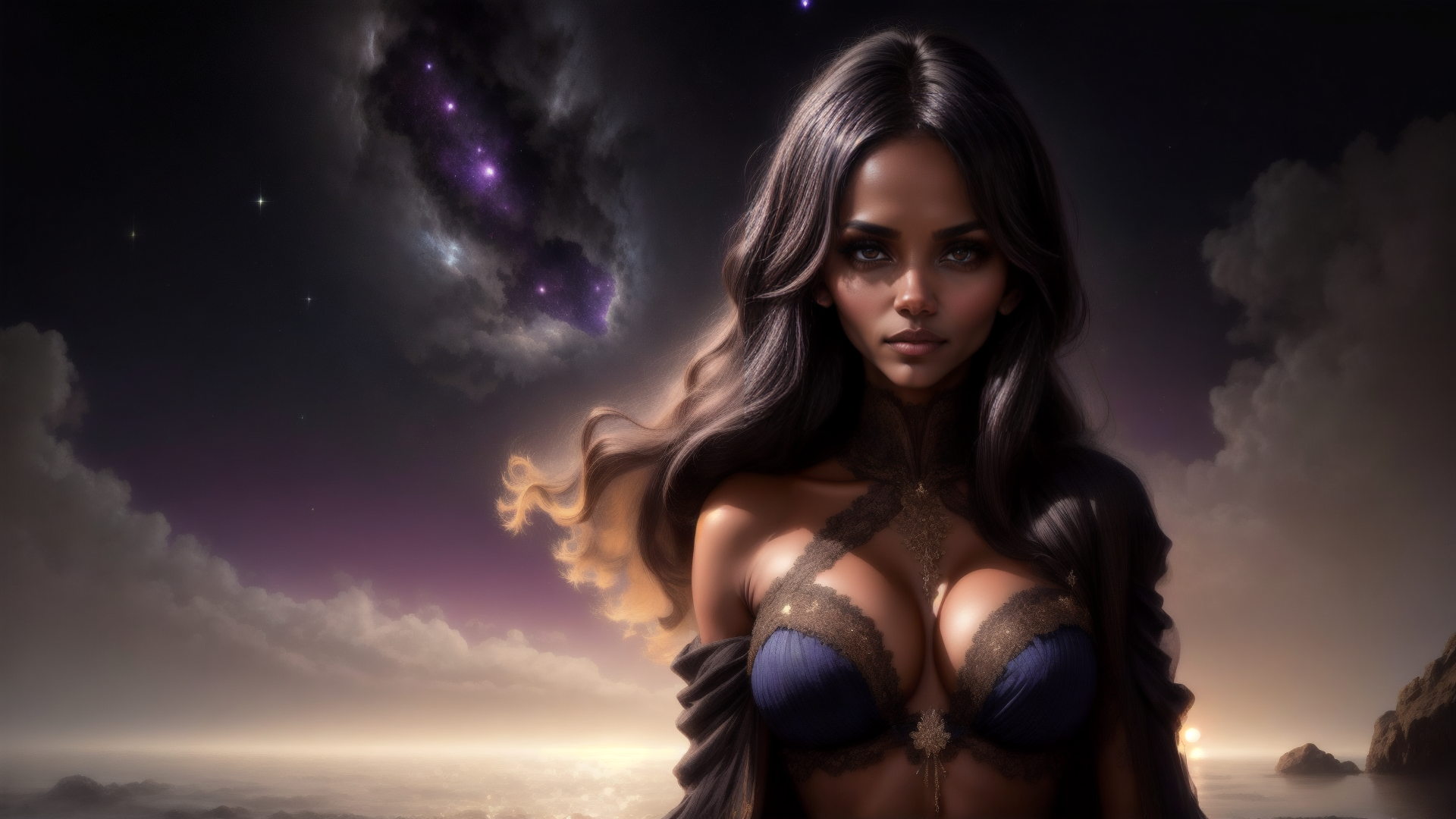 AI generated wallpaper featuring woman, cosmic, ocean