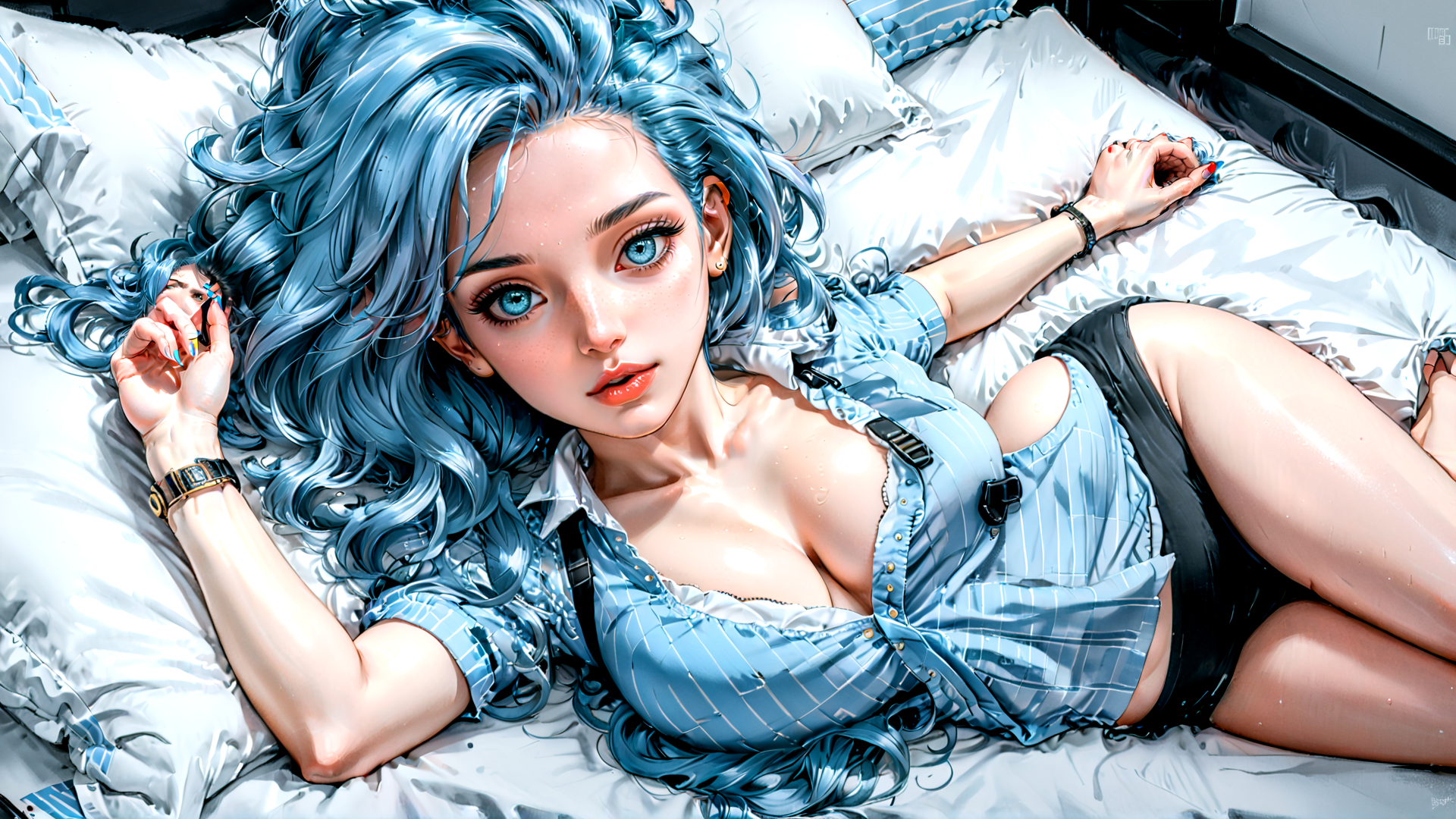 AI generated wallpaper featuring woman, bed, hair, shirt, watch, nail, pillow, shorts, leg, skin