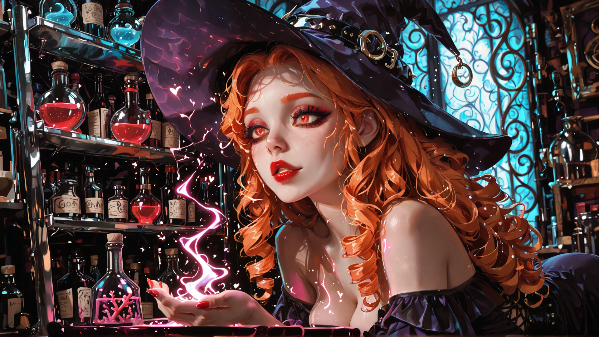 AI generated wallpaper featuring witch, woman, bottle, cauldron, fire, hair, hat