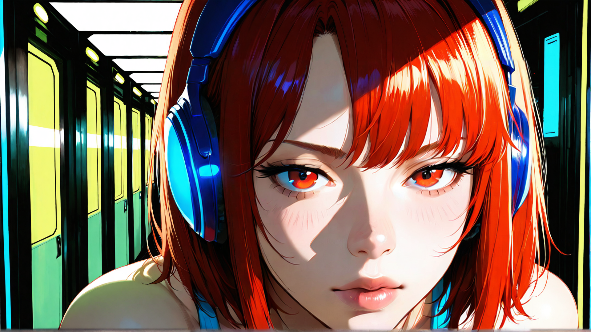 AI generated wallpaper featuring girl, headphones, subway, red hair, anime