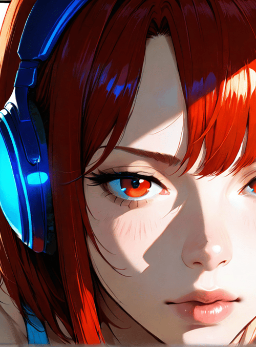 girl, headphones, subway, red hair, anime