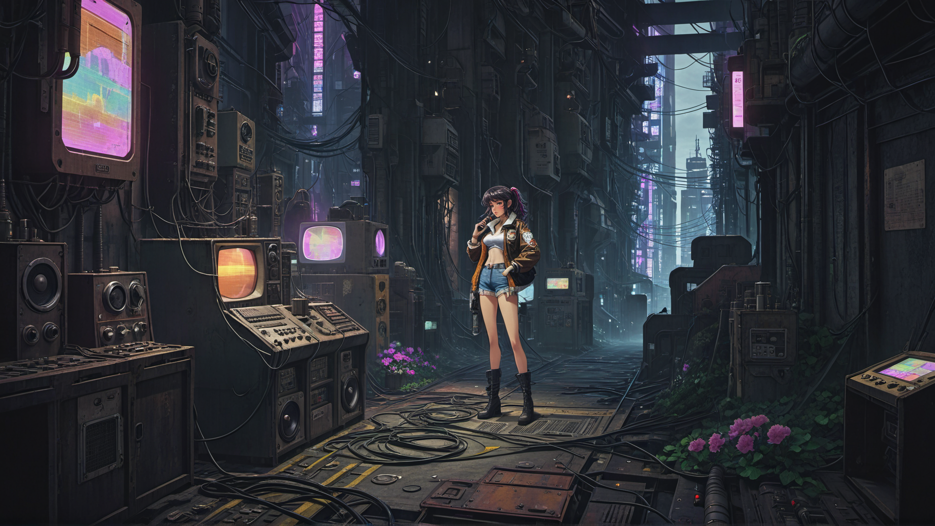 AI generated wallpaper featuring girl, cityscape, technology