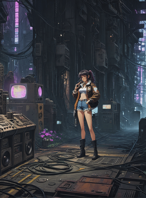 girl, cityscape, technology