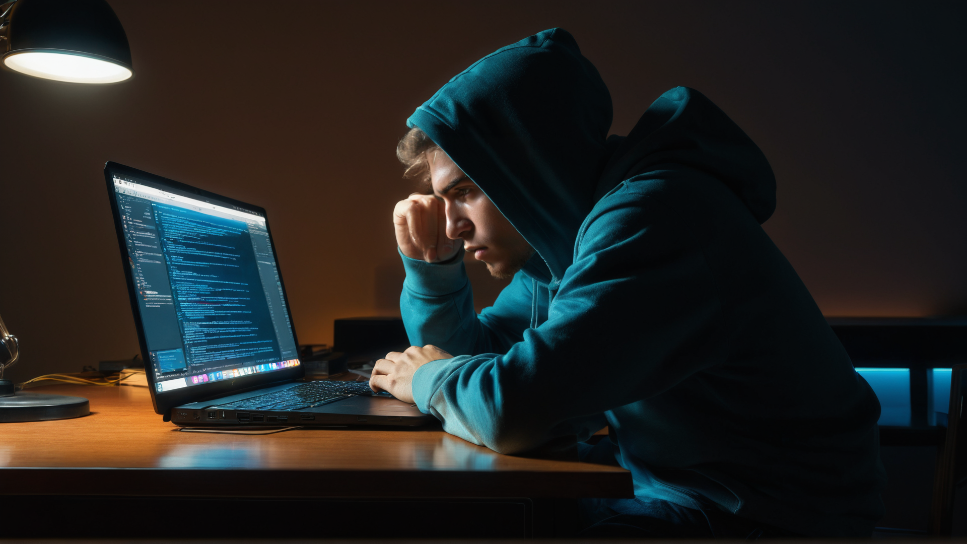 AI generated wallpaper featuring person, laptop, desk