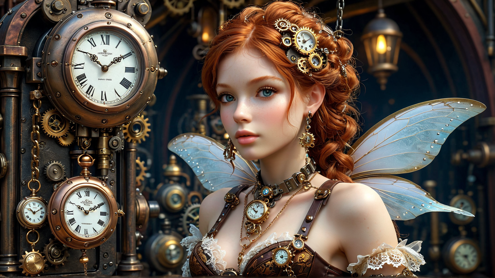 AI generated wallpaper featuring fairy, clock, gears, timepiece, wings, clockwork, lamps, lady, gears, ornament