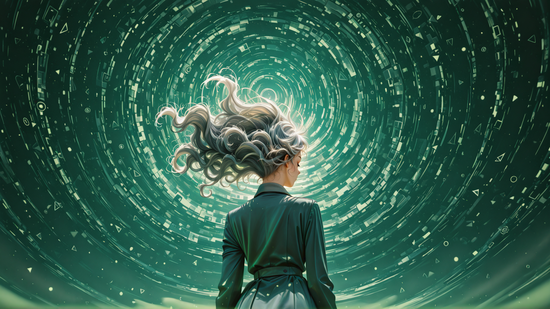 AI generated wallpaper featuring woman, hair, digital tunnel