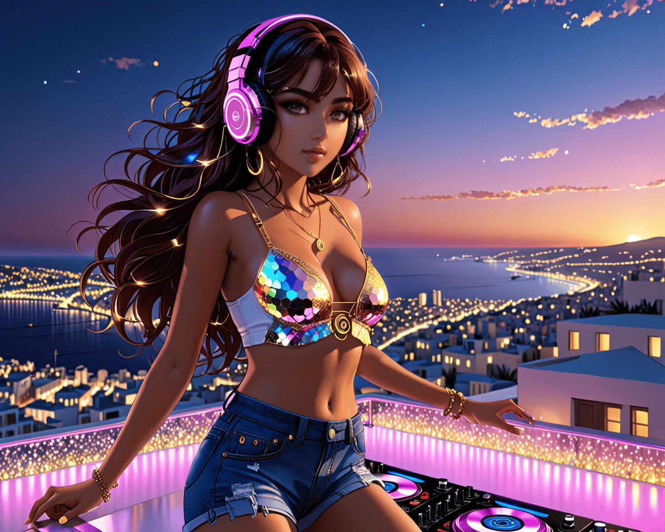 AI generated wallpaper featuring dj, woman, city