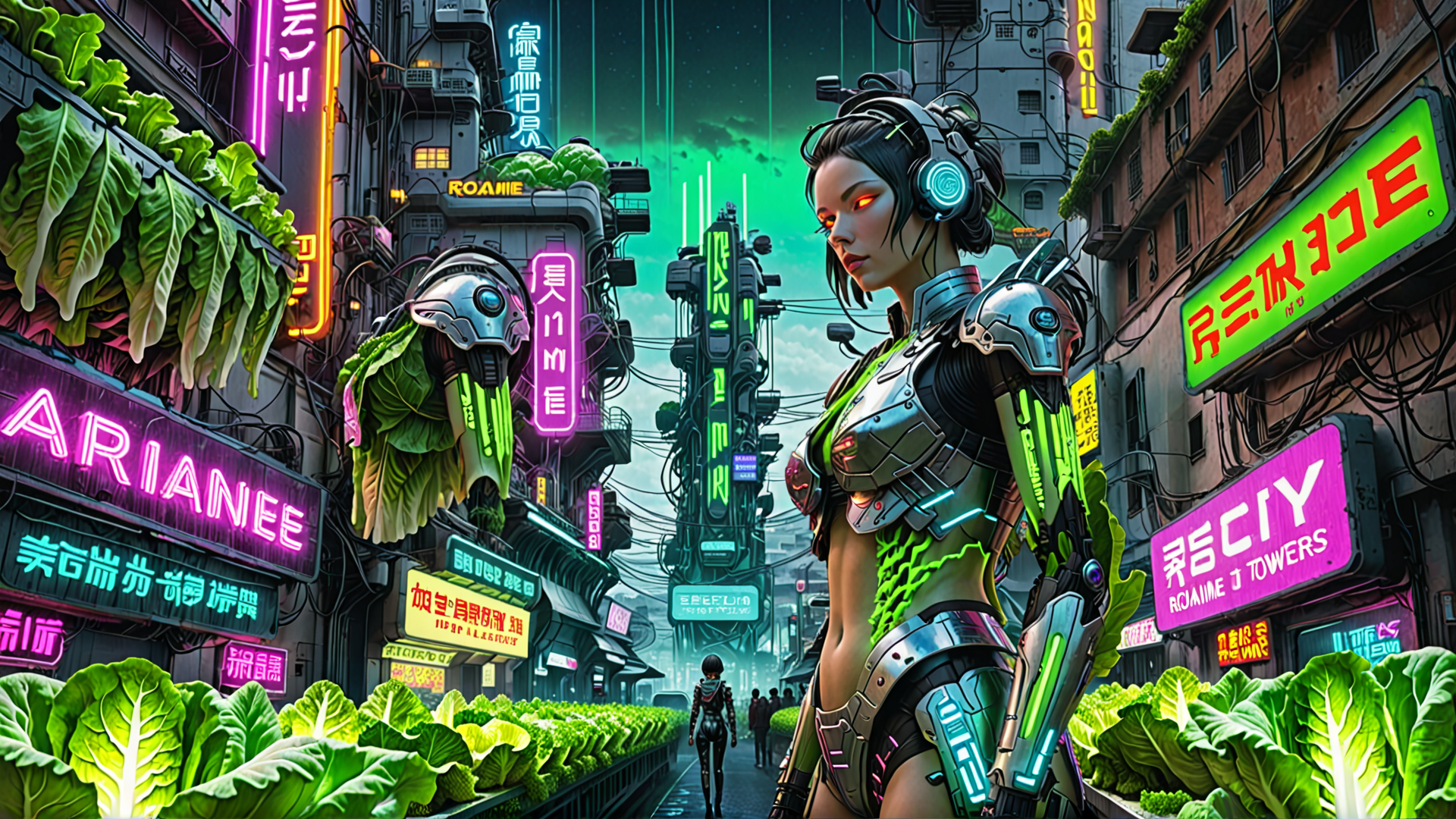 AI generated wallpaper featuring cyborg, neon, city, vegetables, signs, buildings, helmet, armor, character, street