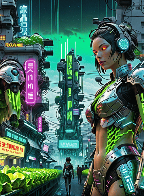 cyborg, neon, city, vegetables, signs, buildings, helmet, armor, character, street