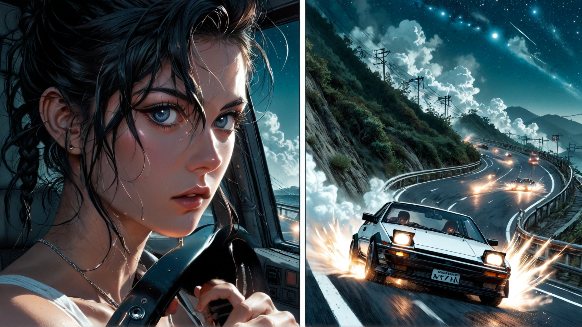 AI generated wallpaper featuring woman, car, road, driver, steering wheel, night sky, clouds, mountain, power lines, taillights