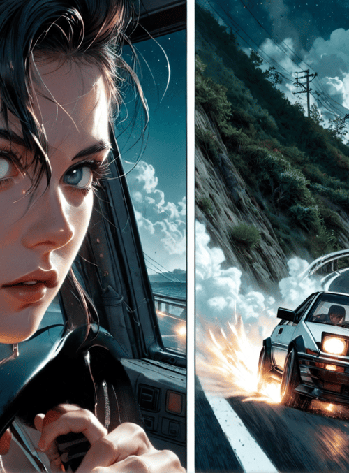 woman, car, road, driver, steering wheel, night sky, clouds, mountain, power lines, taillights