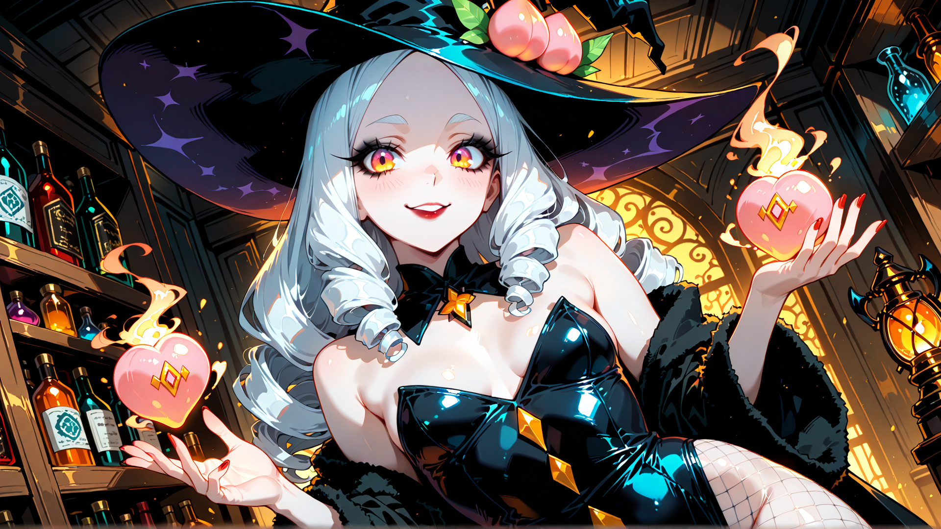 AI generated wallpaper featuring witch, hearts, bottle, hat, hair, dress, lantern, peach, bottle, diamond