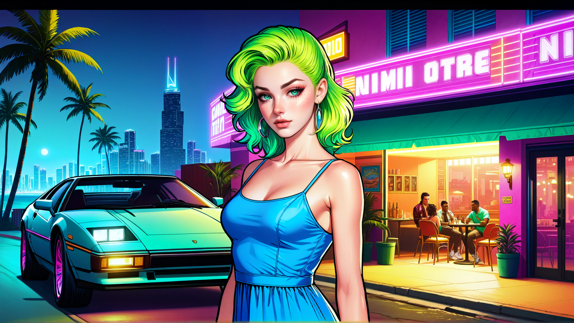 AI generated wallpaper featuring woman, car, restaurant, palm tree, city
