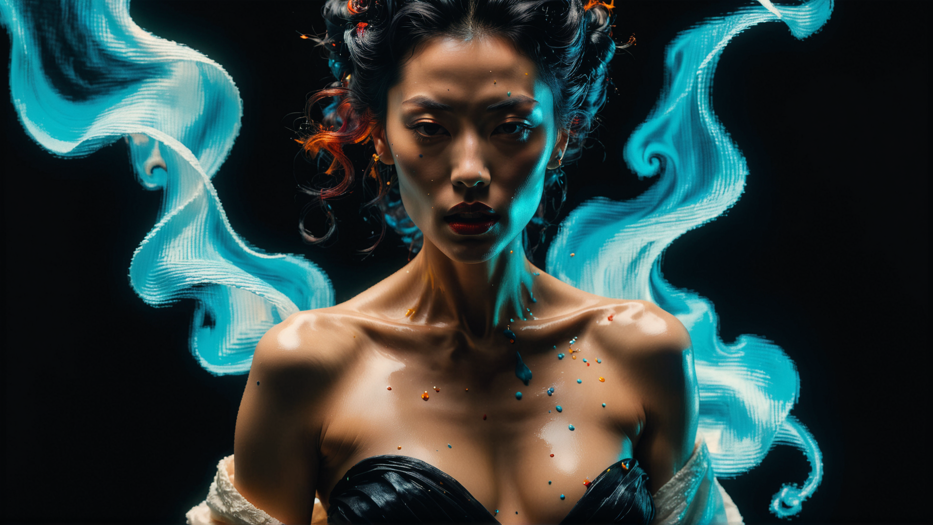AI generated wallpaper featuring woman, smoke, dots, paint, hair