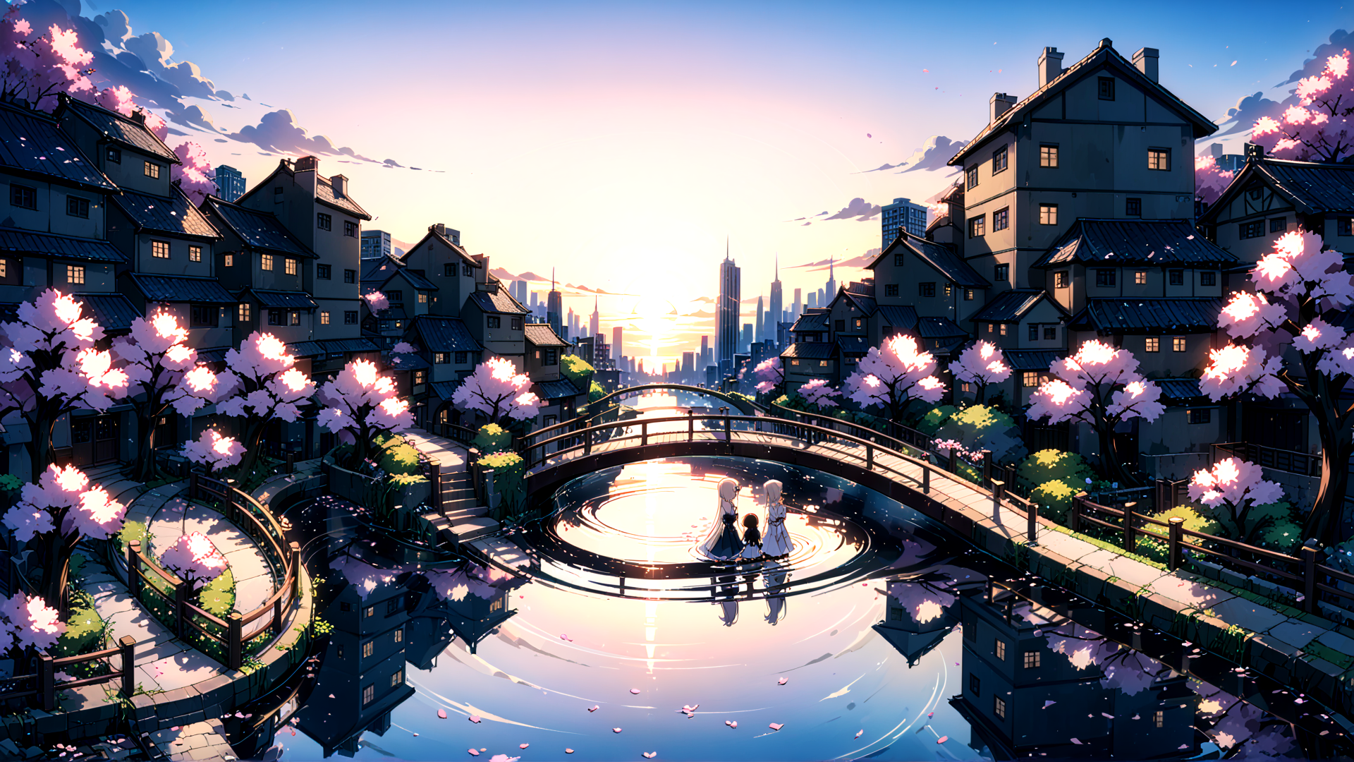 AI generated wallpaper featuring cherry blossoms, houses, bridge