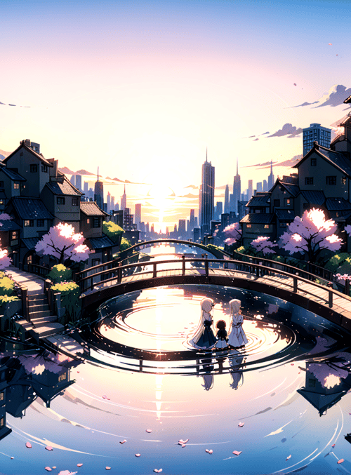 cherry blossoms, houses, bridge