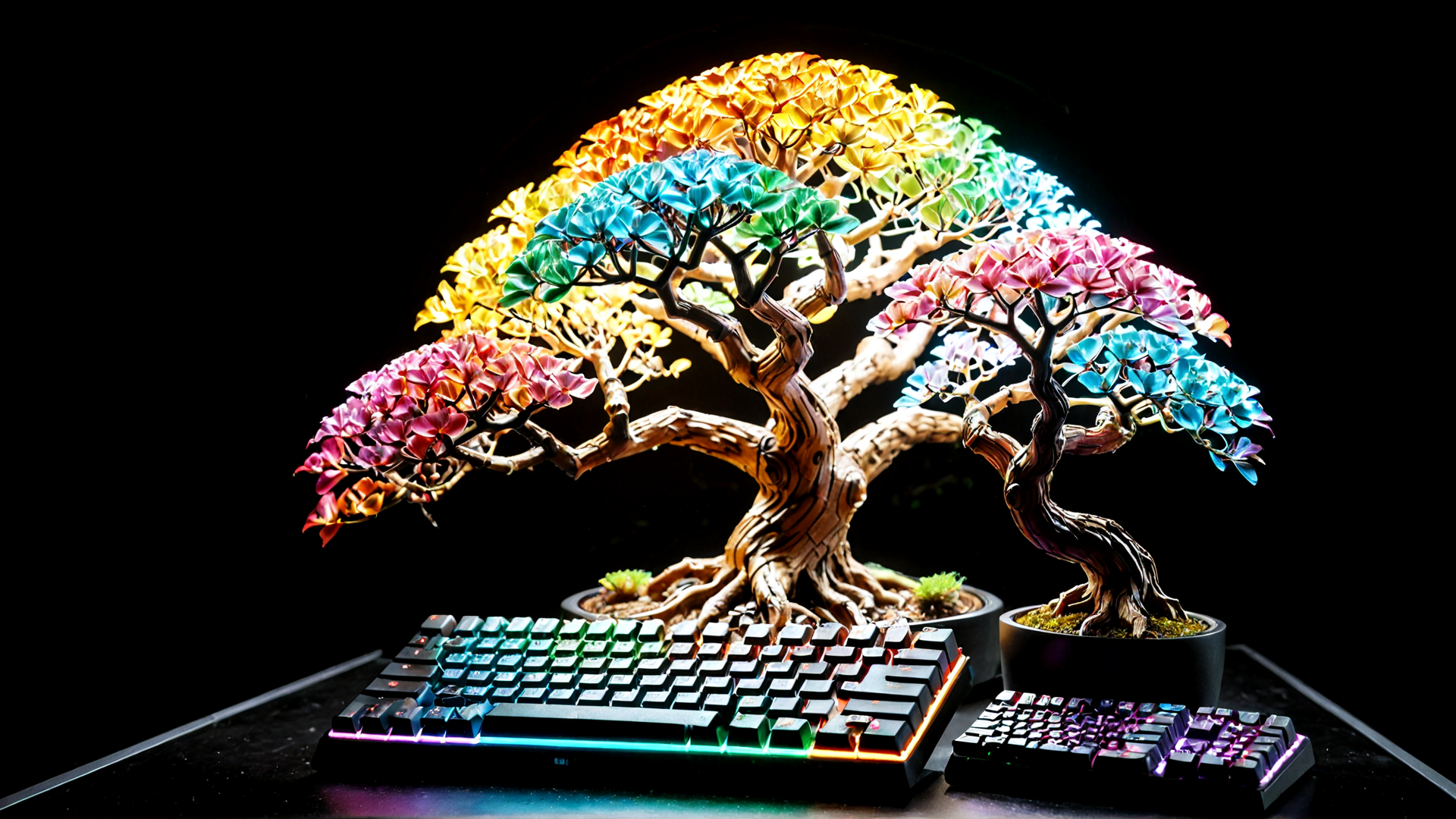 AI generated wallpaper featuring bonsai tree, keyboard, potted plant, gaming keyboard, neon light