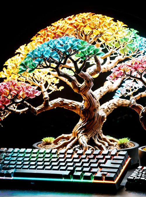 bonsai tree, keyboard, potted plant, gaming keyboard, neon light