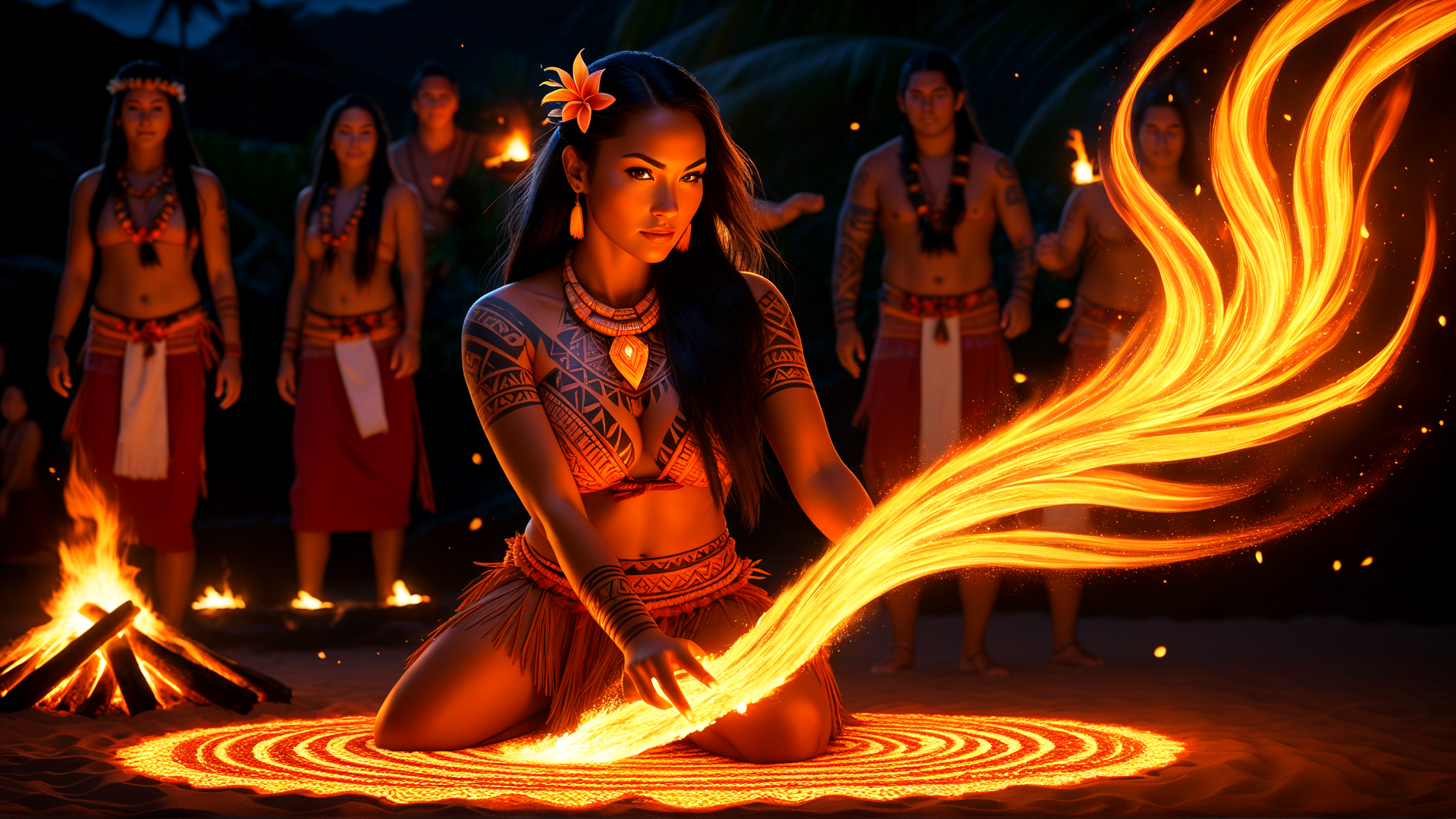 AI generated wallpaper featuring woman, fire, tribal, people, dance, sand, flames, circle, feather, flower