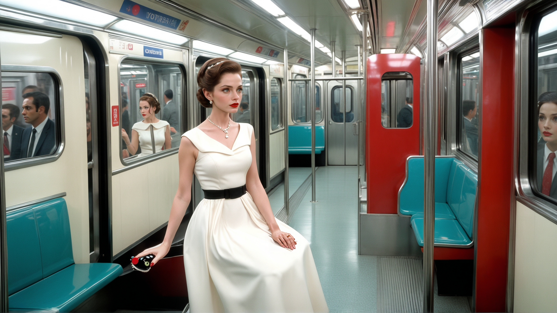 AI generated wallpaper featuring woman, train, dress, subway, handbag