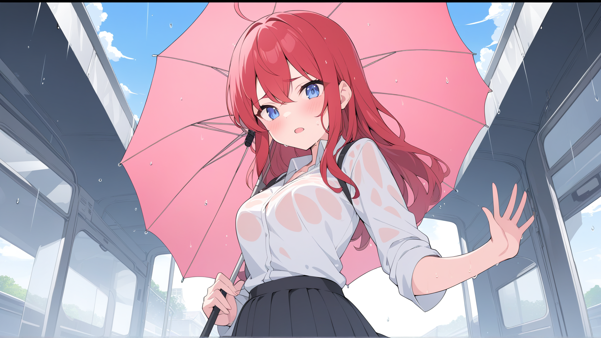 AI generated wallpaper featuring anime girl, umbrella, train
