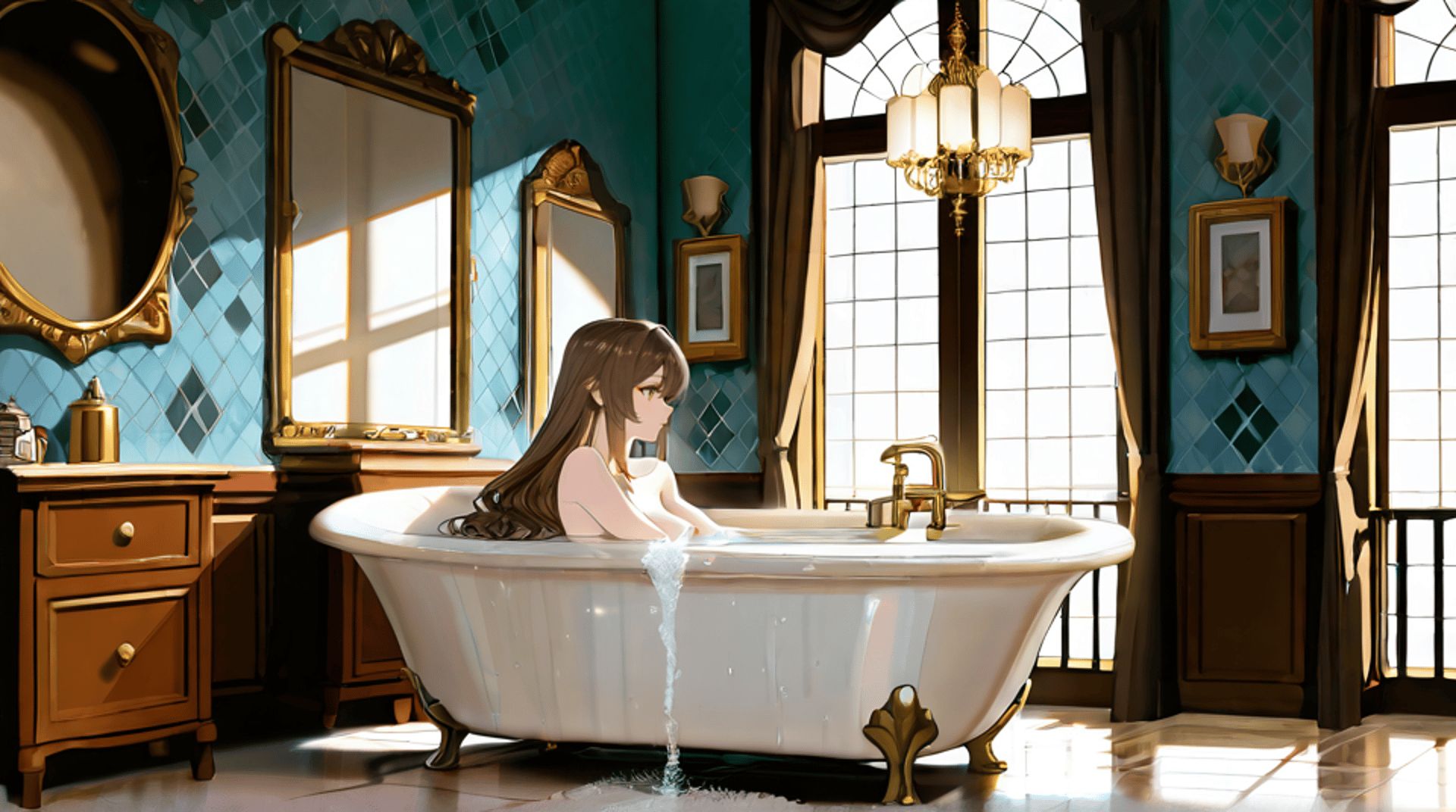 AI generated wallpaper featuring girl, bathtub, bathroom