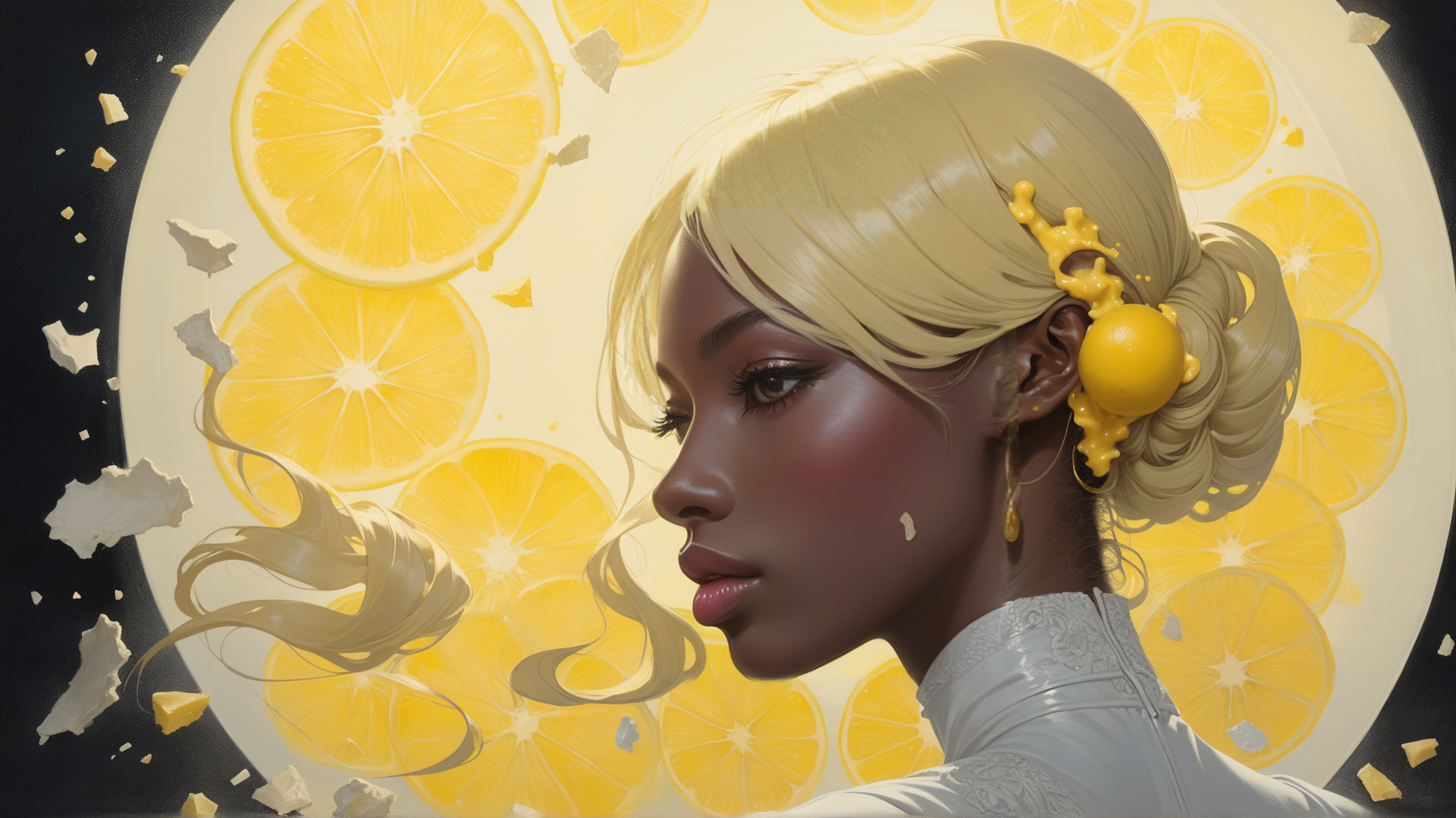 AI generated wallpaper featuring woman, lemon, hair