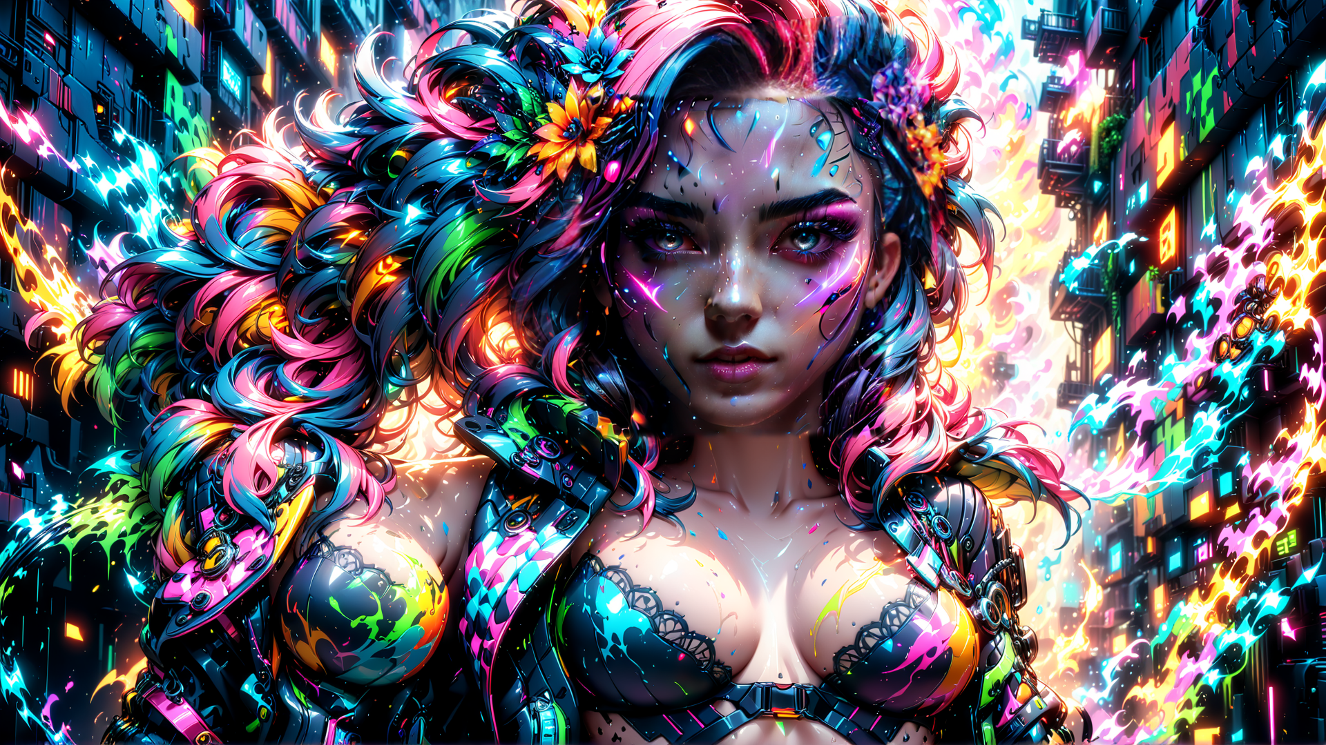 AI generated wallpaper featuring cyberpunk, woman, neon