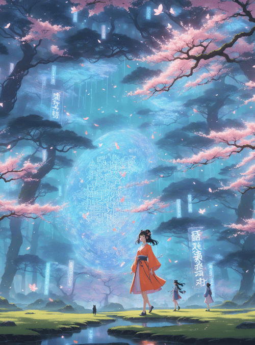 girl, trees, cherry blossoms