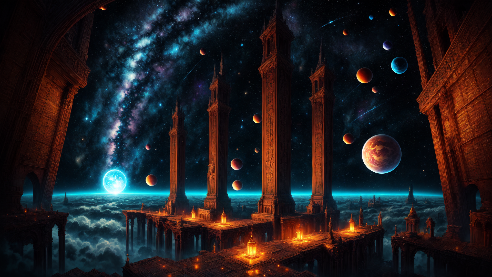 AI generated wallpaper featuring towers, galaxy, lanterns