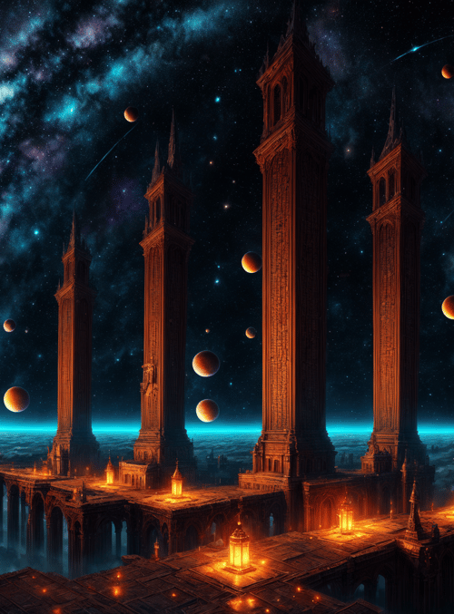 towers, galaxy, lanterns
