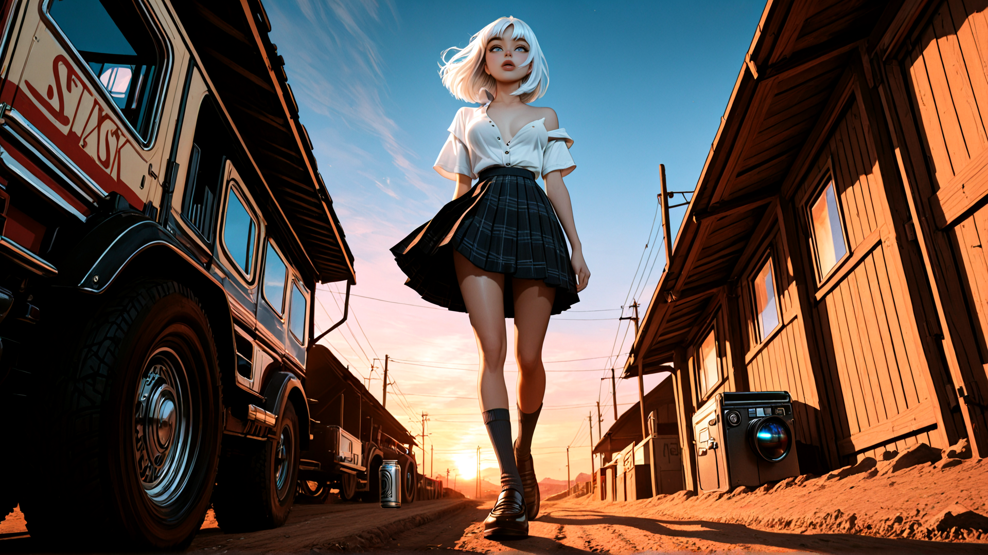 AI generated wallpaper featuring girl, truck, house, skirt, sneakers, can, sun, camera, road, socks
