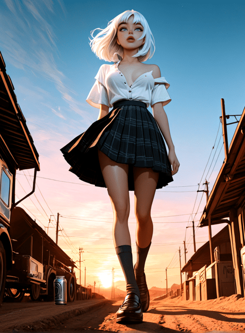 girl, truck, house, skirt, sneakers, can, sun, camera, road, socks
