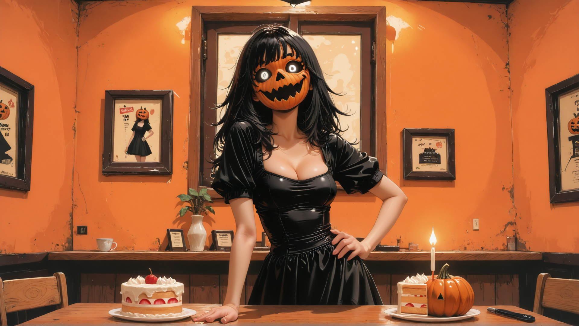 AI generated wallpaper featuring woman, pumpkin, cake, room, dress, candle, chair, wall, picture, vase