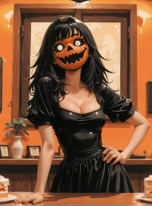 woman, pumpkin, cake, room, dress, candle, chair, wall, picture, vase
