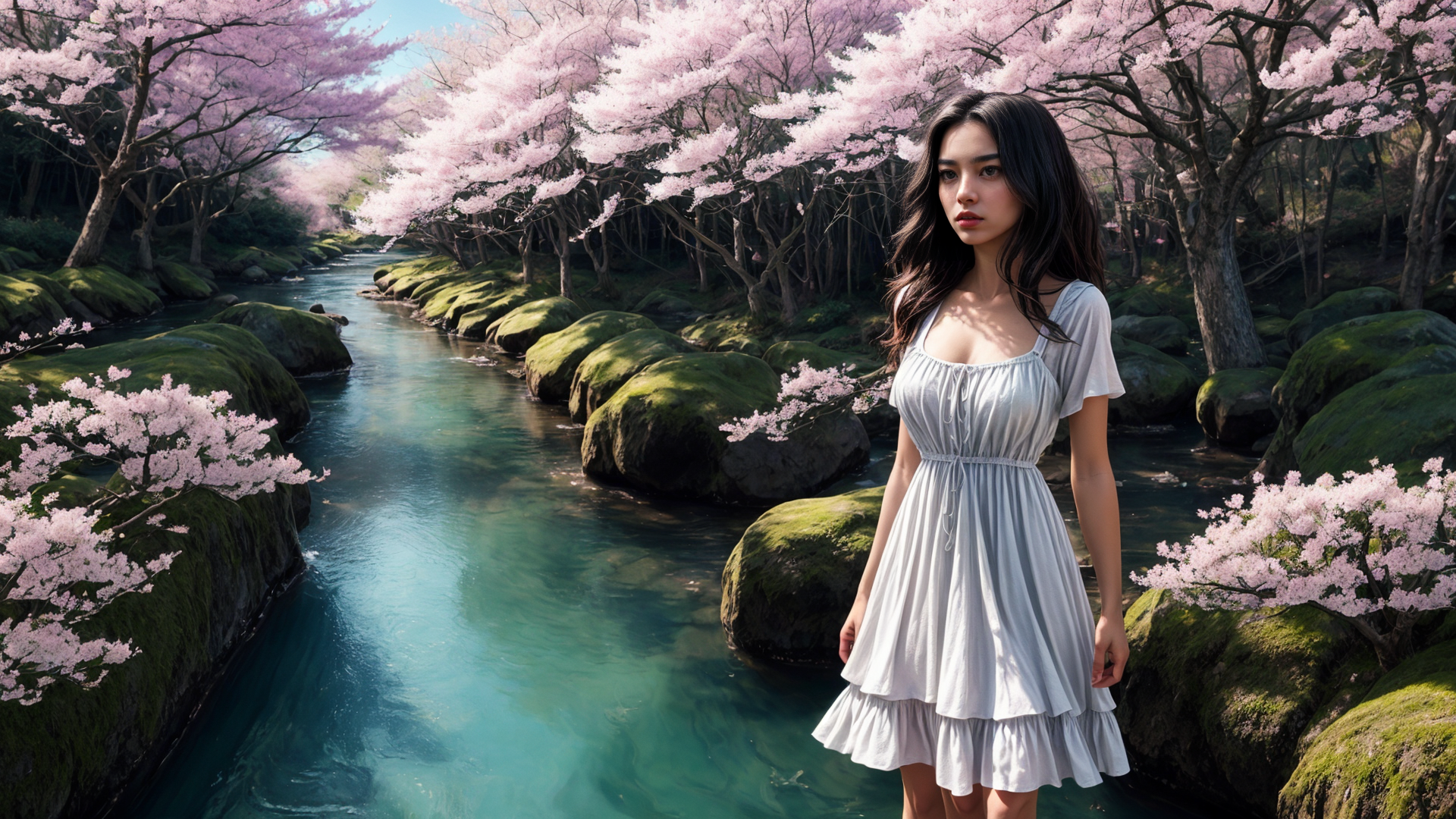 AI generated wallpaper featuring woman, cherry blossoms, river